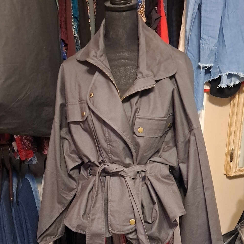 Anthropologie Green and Gray Utility Jacket with Belt and Collar